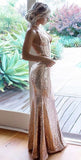 Unique Prom Dresses, Mermaid Spaghetti Straps Floor-Length Champagne Sequined Prom Dress HZ1023