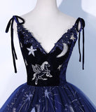 Navy Blue Spaghetti Straps Embroidery Tulle Long Prom Dress Formal Dress HZ1023
