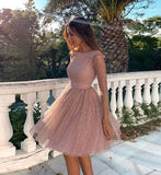 Pink A Line Sleeve Sequins Tulle Short Prom Dress Homecoming Dress HZ1023