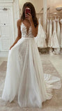 A Line V Neck Ivory Lace Long Prom Wedding Dress with High Slit, Ivory Lace Formal Dress, White Evening Dress HZ1023