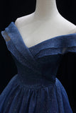 A Line Off the Shoulder Navy Blue Tulle Long Prom Dress Evening Dress HZ1023