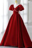 Burgundy A Line Puff Sleeves Velvet Long Prom Dress Evening Dress HZ1023