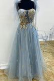 A-line blue and gold appliqed long formal dress prom dress HZ1023