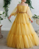Yellow tulle lace long prom dress party dress HZ1023