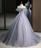 Gray A Line Off the Shoulder Appliques Tulle Long Prom Dress Evening Party Dress HZ1023
