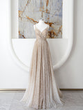 Champagne A Line Spaghetti Strap Sequins Long Prom Dress Evening Dress HZ1023