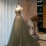 A Line Round Neck Sequins Tulle Long Prom Dress Evening Dress HZ1023