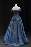 A Line Off the Shoulder Navy Blue Tulle Long Prom Dress Evening Dress HZ1023