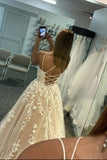 Simple Spaghetti Straps A-Line Lace Appliques Tulle Long Prom Dress HZ1023