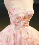 Beautiful Strapless Tulle Flower Long Pink Ball Gown HZ1023
