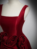 A Line Straps Burgundy Satin Long Prom Dress with Flower HZ1023