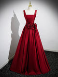 A Line Straps Burgundy Satin Long Prom Dress with Flower HZ1023