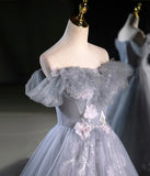 Gray A Line Off the Shoulder Appliques Tulle Long Prom Dress Evening Party Dress HZ1023