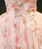 Beautiful Strapless Tulle Flower Long Pink Ball Gown HZ1023