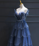 Dark Blue A Line Strapless Beaded Tulle Long Senior Prom Dress Evening Party Dress HZ1023