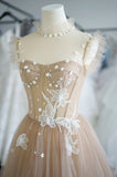 A Line Champagne Appliques Tulle Lace Short Prom Dress Homecoming Dress HZ1023