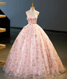 Beautiful Strapless Tulle Flower Long Pink Ball Gown HZ1023
