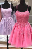 Short A Line Thin Straps Purple/Hot Pink Lace Prom Dress, Purple/Hot Pink Lace Homecoming Dress, Lilac/Hot Pink Short Formal Dress HZ1023