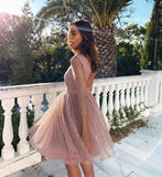 Pink A Line Sleeve Sequins Tulle Short Prom Dress Homecoming Dress HZ1023