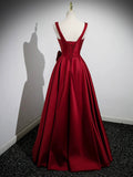 A Line Straps Burgundy Satin Long Prom Dress with Flower HZ1023