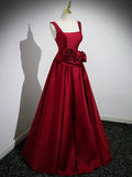 A Line Straps Burgundy Satin Long Prom Dress with Flower HZ1023