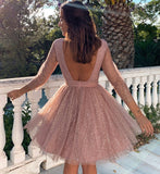 Pink A Line Sleeve Sequins Tulle Short Prom Dress Homecoming Dress HZ1023