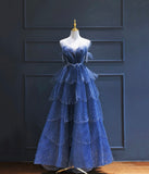 Dark Blue A Line Strapless Beaded Tulle Long Senior Prom Dress Evening Party Dress HZ1023