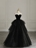 Black Strapless Layered Velvet Tulle Long Prom Dress Evening Dress HZ1023