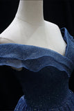 A Line Off the Shoulder Navy Blue Tulle Long Prom Dress Evening Dress HZ1023