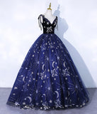 Navy Blue Spaghetti Straps Embroidery Tulle Long Prom Dress Formal Dress HZ1023
