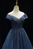 A Line Off the Shoulder Navy Blue Tulle Long Prom Dress Evening Dress HZ1023