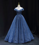 A Line Off the Shoulder Navy Blue Tulle Long Prom Dress Evening Dress HZ1023