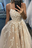 Simple Spaghetti Straps A-Line Lace Appliques Tulle Long Prom Dress HZ1023