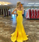 Yellow satin long prom dress mermaid evening dress HZ1023