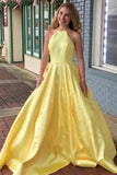 Yellow satin beads long prom dress yellow formal dress HZ1023