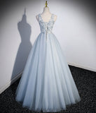 Elegant V Neck Blue Tulle Long Prom Dress Evening Dress Party Dress HZ1023