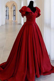 Burgundy satin long A line prom dress evening dress HZ1023