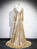 Shiny V Neck Long Sleeve Gold Sequins Long Prom Dress Evening Dress HZ1023