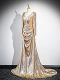 Shiny V Neck Long Sleeve Gold Sequins Long Prom Dress Evening Dress HZ1023