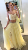 Yellow two pieces lace tulle long prom dress, yellow evening dress HZ1023