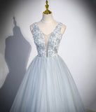 Elegant V Neck Blue Tulle Long Prom Dress Evening Dress Party Dress HZ1023