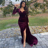 Sexy Maroon Mermaid Long Sleeves Prom Dresses with Split HZ1023