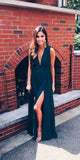 Stylish A-Line Deep V Neck Navy Blue Chiffon Long Prom Dresses with Side Split,Sexy Evening Party Dresses HZ1023