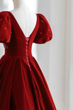 Burgundy A Line Puff Sleeves Velvet Long Prom Dress Evening Dress HZ1023