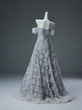 Grey Luxurious A Line Off the Shoulder Sequins Pearl Tulle Long Prom Dress Evening Dress HZ1023