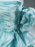 Blue Floral A Line Off the Shoulder Satin Long Prom Dress Evening Dress HZ1023