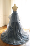 tulle long prom dress with spaghetti straps and ruffled floor length skirt HZ1023