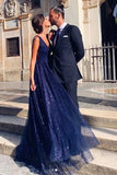 Shiny A Line V Neck Navy Blue Backless Prom Dresses, V Back Navy Formal Evening Dresses HZ1023