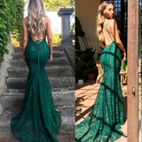 Mermaid Dark Green Prom Dress, Lace Long Prom Dresses, Spaghetti Straps Backless Prom Dress HZ1023