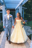 Yellow Tulle Appliques Beads Prom Dresses Double Straps Prom Gown HZ1023